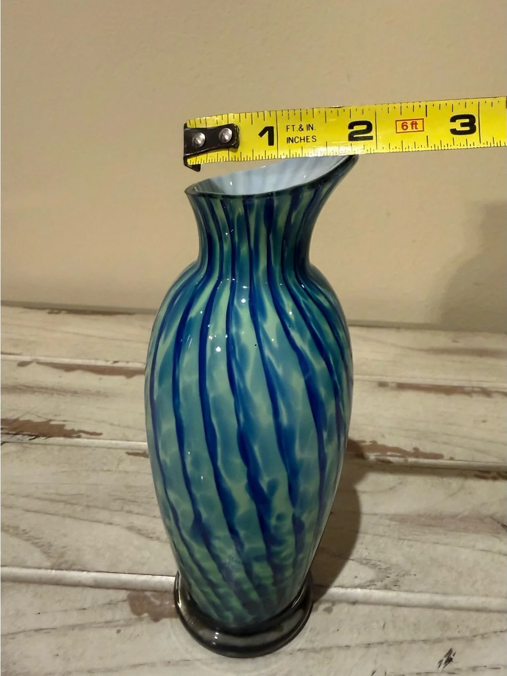 Vintage Blue & Green Art Glass Vase Slanted Rim Swirl Ribbed Decor 6.5
